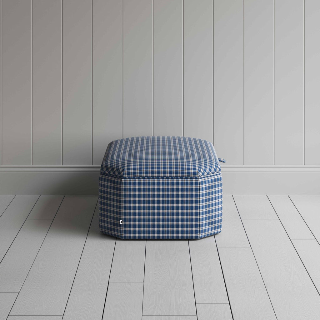 Side View of Hexagonal Storage Ottoman in Well Plaid Cotton, Blue Brown - NiX Studio