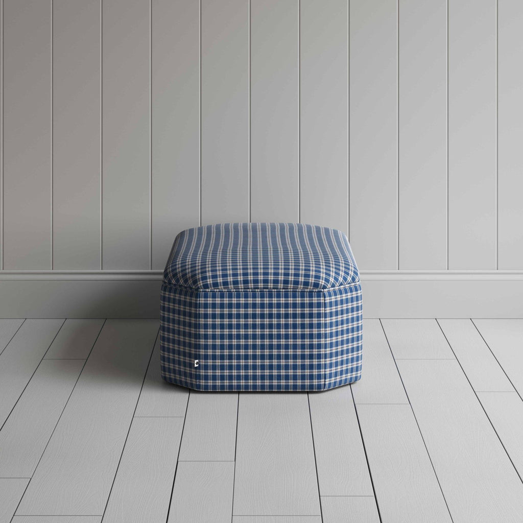 Side View of Ottoman in Well Plaid Cotton, Blue Brown - NiX Studio