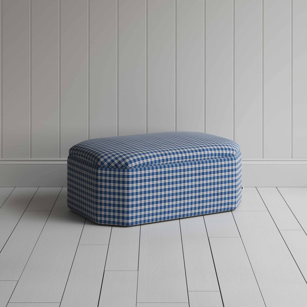 Hither Hexagonal Ottoman in Well Plaid Cotton, Blue Brown - Nicola Harding