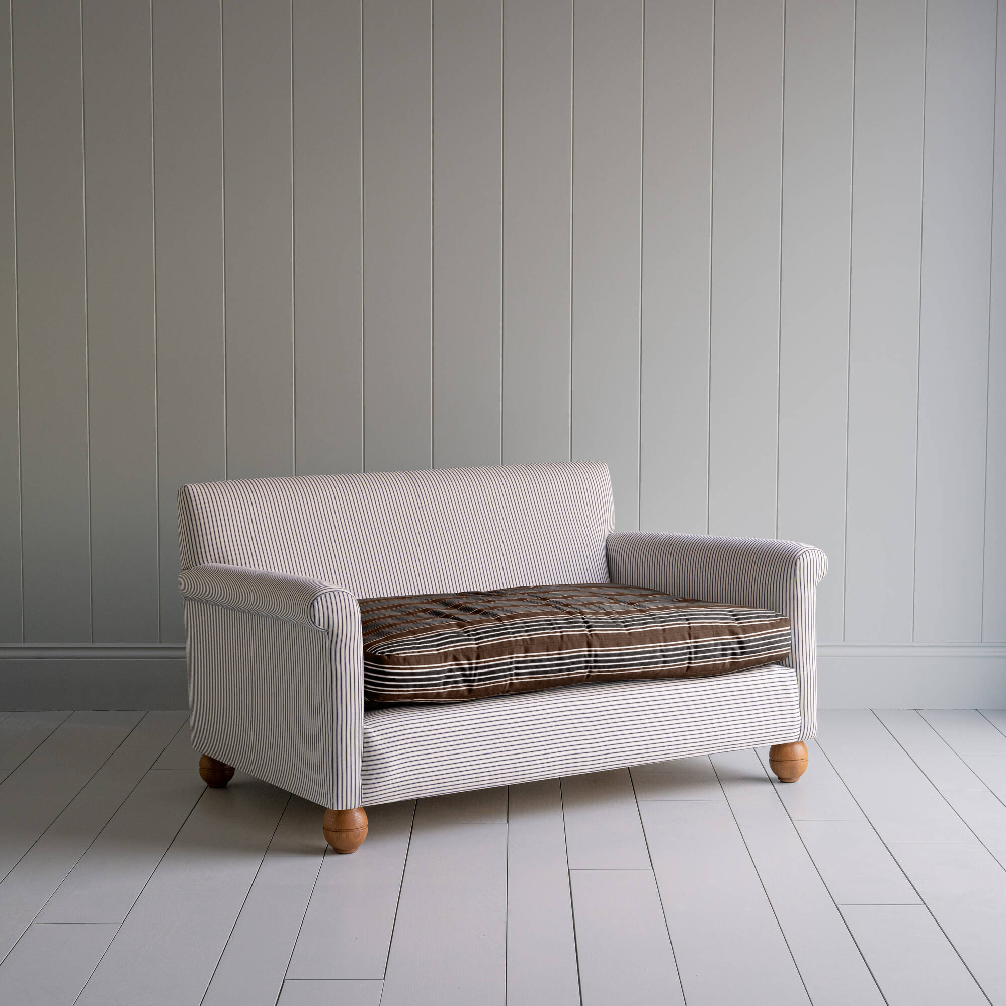 2 Seater Sofa in Ticking Cotton Chocolate Navy Frame and Regatta Charcoal Seat - By NiX