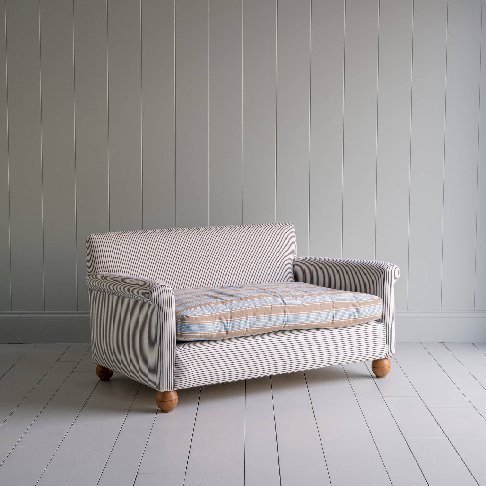 2 Seater Sofa in Ticking Cotton Chocolate Navy Frame and Regatta Blue Seat Manufactured by NiX (By Nicola Harding & Co.) In London