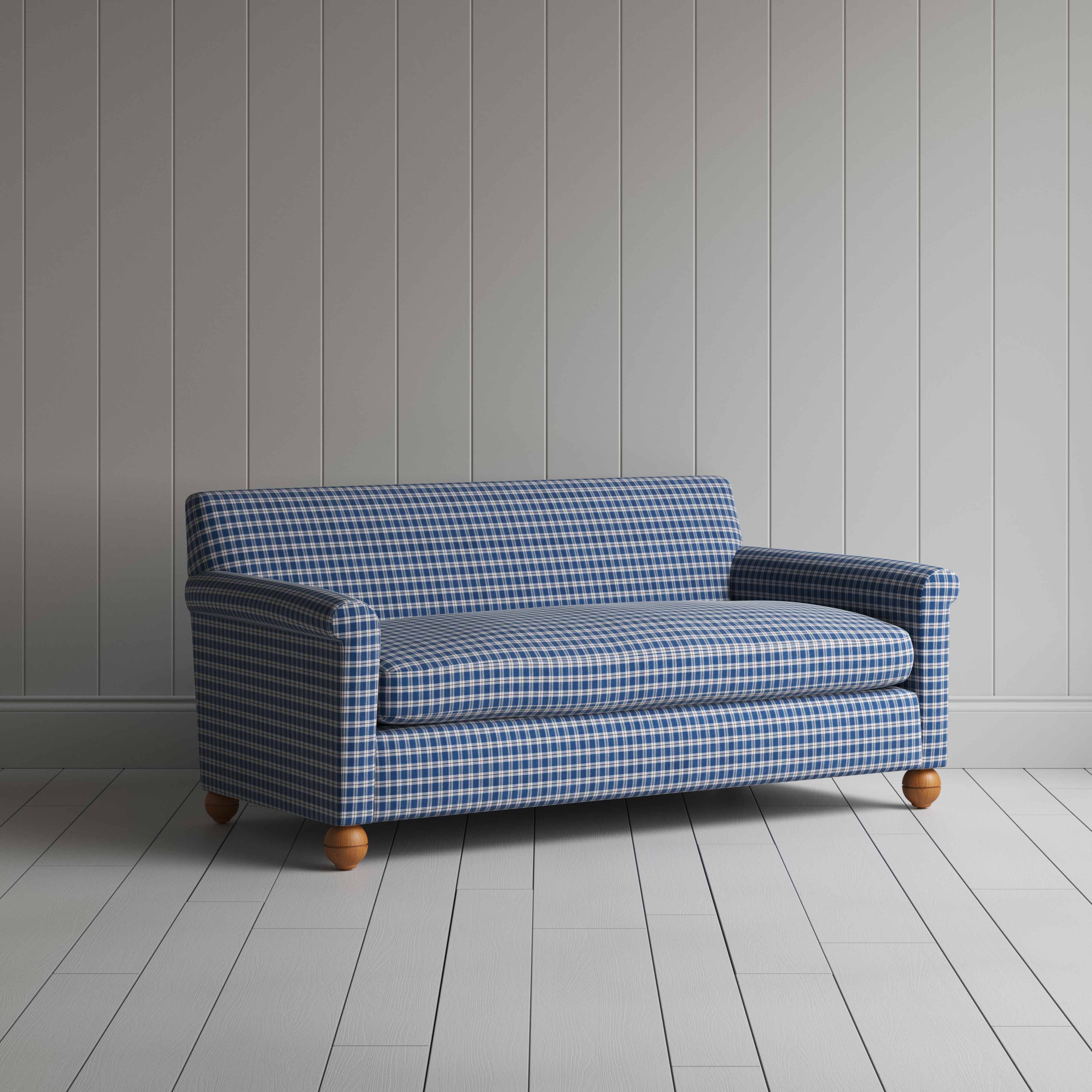 Idler 3 Seater Sofa in Well Plaid Cotton, Blue Brown - Nicola Harding
