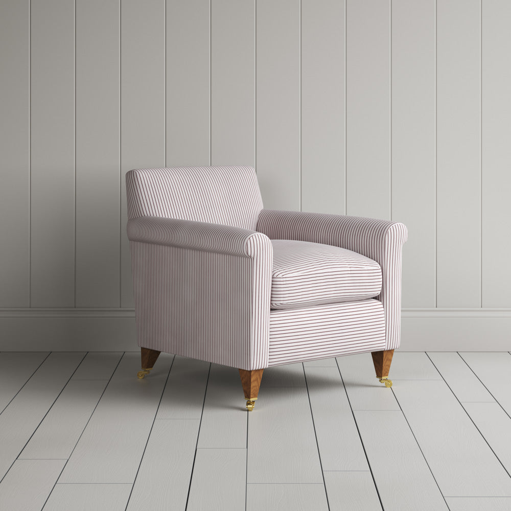 Idler Armchair in Ticking Cotton, Berry - Nicola Harding