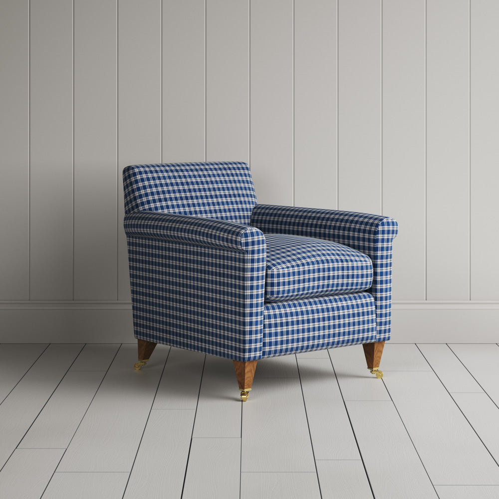 Idler Armchair in Well Plaid Cotton, Blue Brown - Nicola Harding