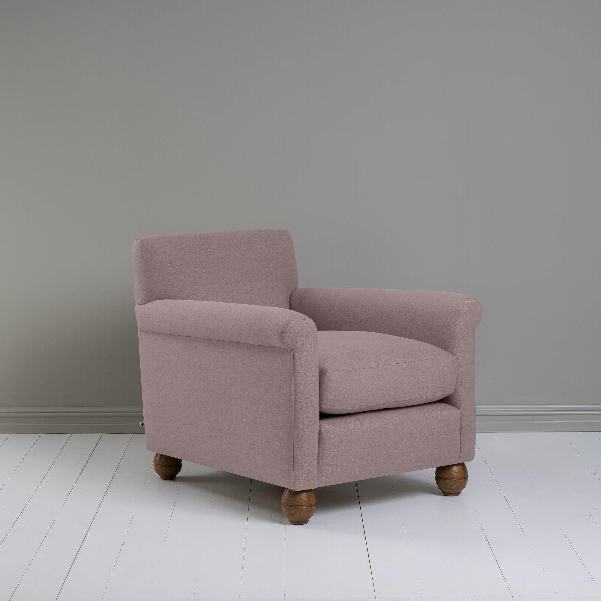 Idler Armchair in Laidback Linen Heather With Round Wooden Foot - By NiX