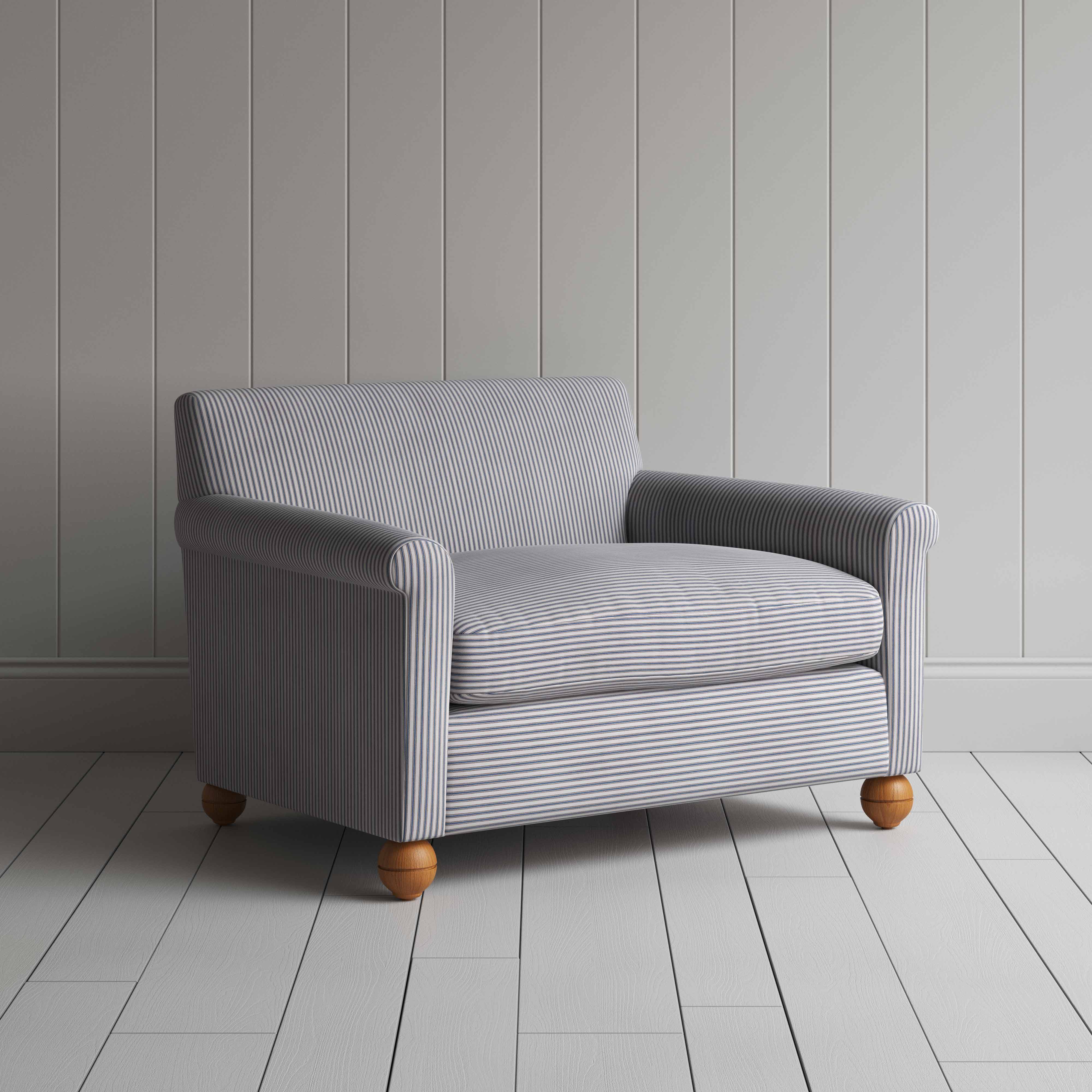 Idler Love Seat in Ticking Cotton, Blue Brown - Nicola Harding