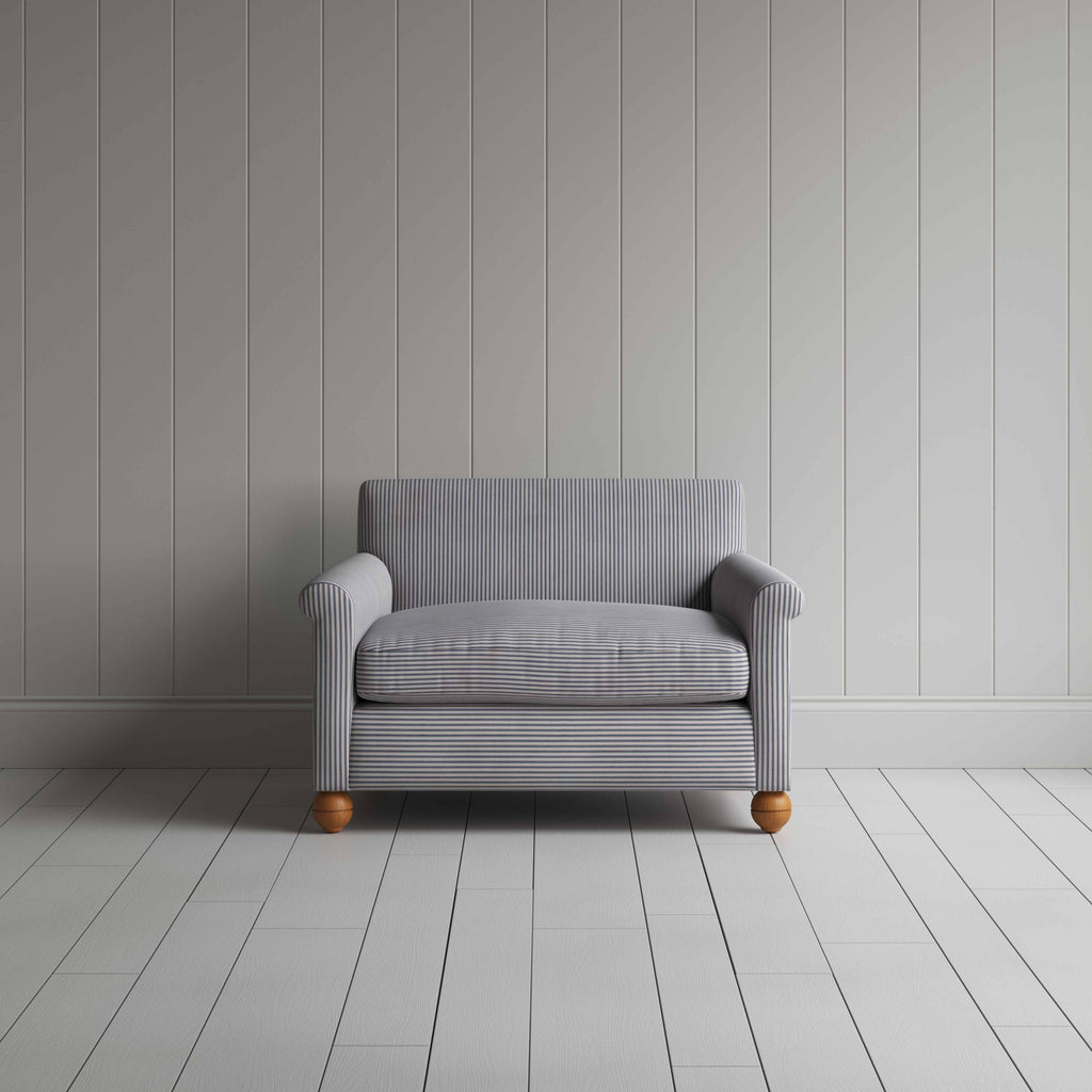Idler Love Seat in Ticking Cotton, Blue Brown - Nicola Harding