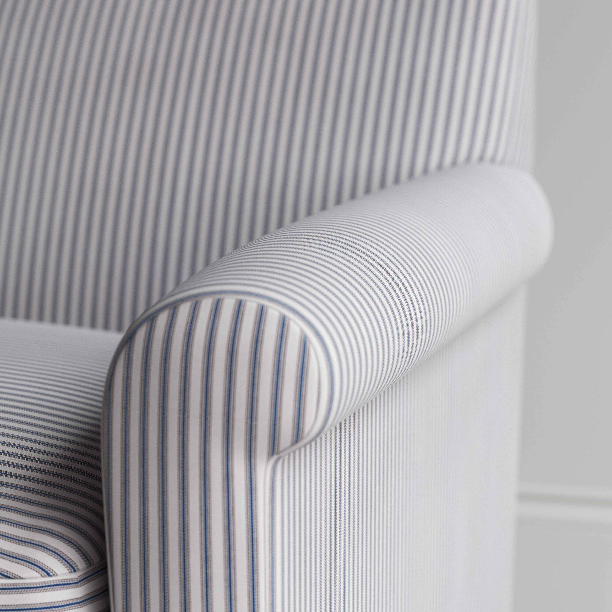 Idler 4 Seater Sofa in Ticking Cotton, Blue Brown, Arm Design Closeup - By NiX