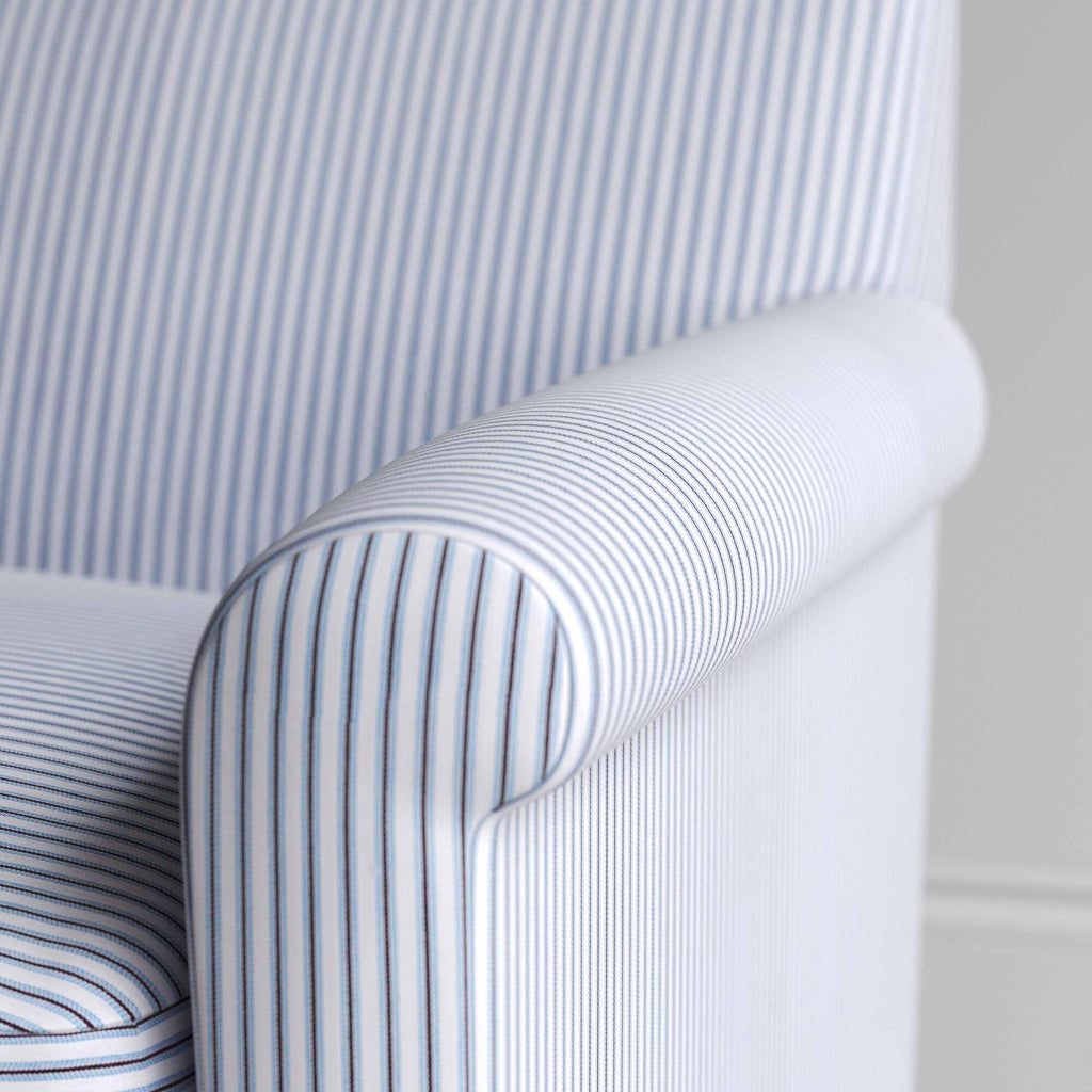 Idler 4 Seater Sofa in Ticking Cotton, Aqua Brown, Arm Design Closeup - NiX