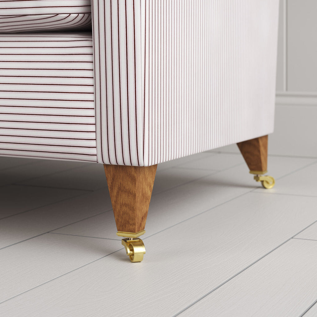 NiX Seating Furniture in Ticking Cotton, Berry, Round Wooden Foot Closeup - By NiX