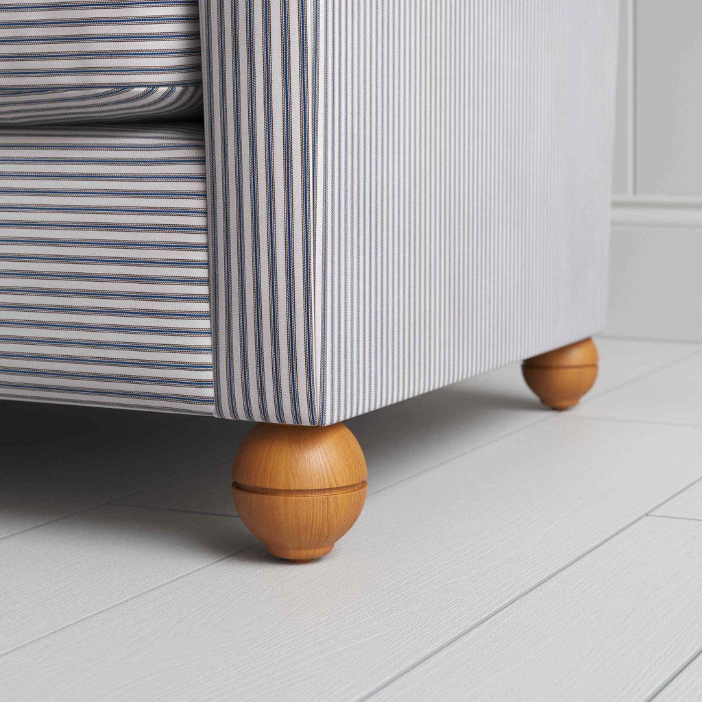 NiX Seating in Ticking Cotton, Blue Brown, With Round Wooden Foot Closeup - By NiX