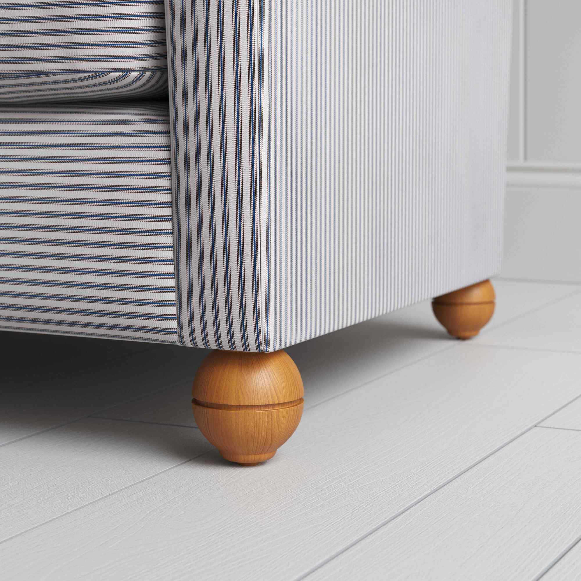 NiX Seating in Ticking Cotton, Blue Brown, With Round Wooden Foot Closeup - By NiX