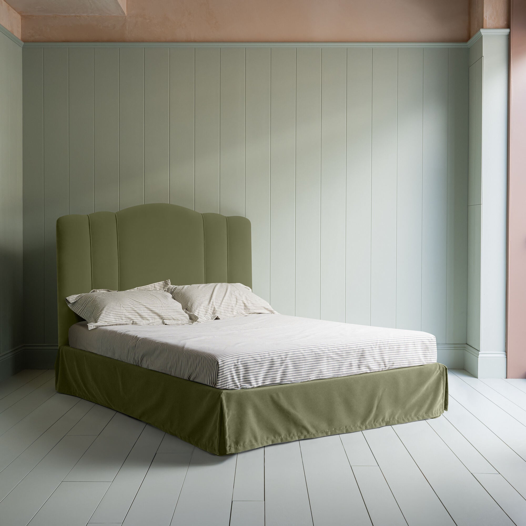 Cloud Nine Upholstered Bed in Intelligent Velvet Green Tea with Kick Pleat Valance.