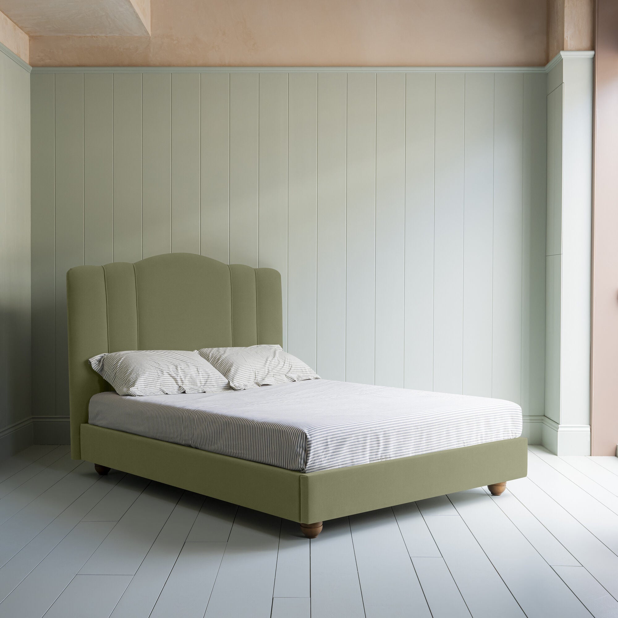 Cloud Nine Upholstered king size Bed in Intelligent Velvet Green Tea without Valance