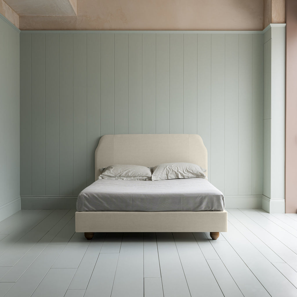 Dream Ticket Upholstered Bed in Laidback Linen Dove without Valance front view.