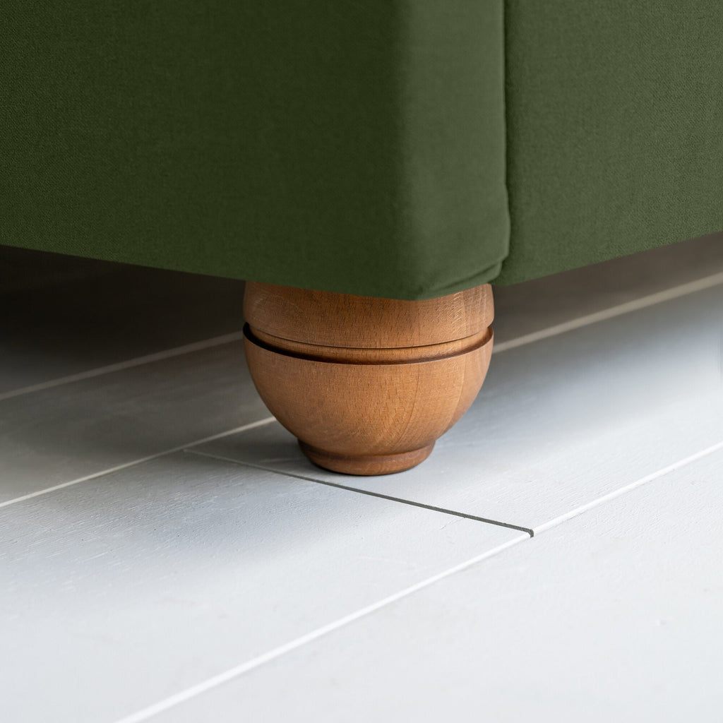 Seventh Heaven Upholstered Bed in Intelligent Velvet Juniper without Valance round wooden Foot.