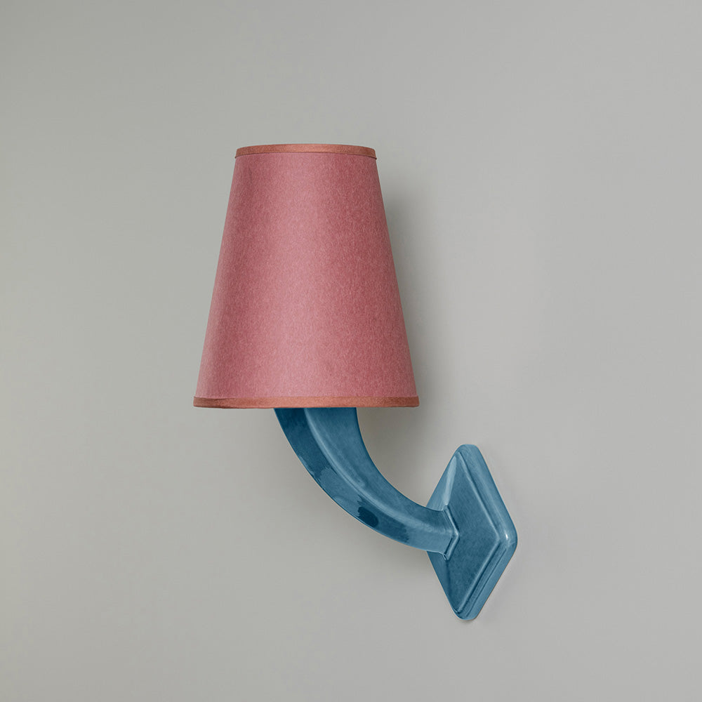 Wall Light Bright Spark Ceramic Sea Blue Base, With Focused Empire Paper Lamp Shade in Burgundy with Muted Pink Trim - By NiX