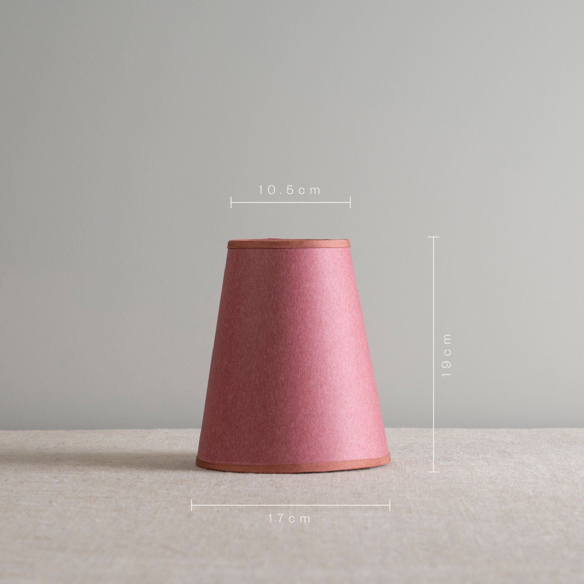 Dimensions of Focused Empire Paper Lamp Shade in Burgundy with Muted Pink Trim: Height 19cm, Top Width 10.5cm, Bottom Width 17cm – By NiX