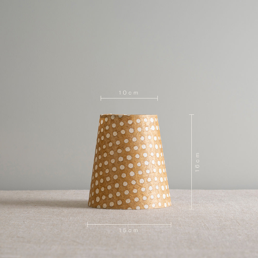 Measurements in 'cm' of Focused Empire Batik Paper Lamp Shade in Spotty Dotty Tan, Height 16cm, Top-Width is 10cm and Bottom Width is 15cm - Nicola Harding