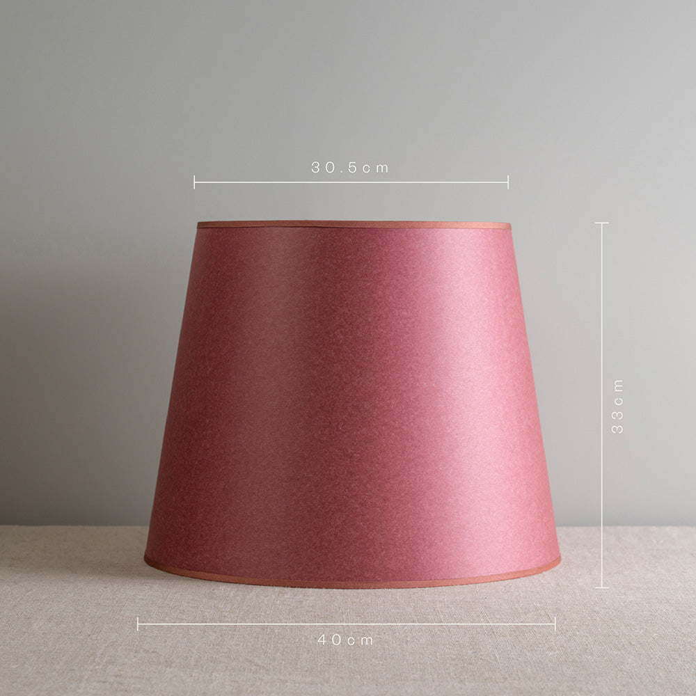 Measurements in 'cm' of Humbug Straight Empire Paper Lampshade in Burgundy Paper with Pink Trim, Height is 33cm, Top Width is 30.5cm and Bottom Width is 40cm - Nicola Harding