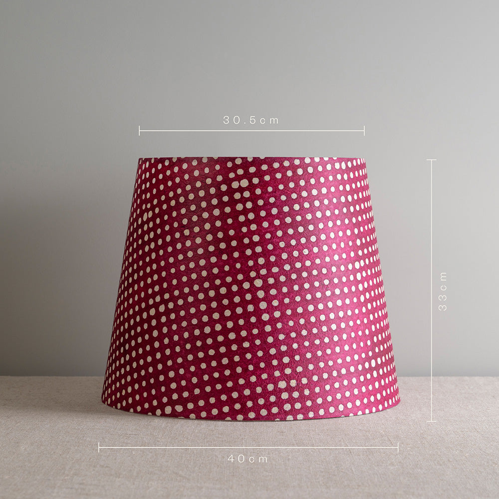 Measurements in 'cm' of Humbug Straight Empire Batik Paper Lamp Shade in Dotty Maroon, Height is 33cm, Top-Width is 30.5cm and Bottom Width is 40cm - Nicola Harding