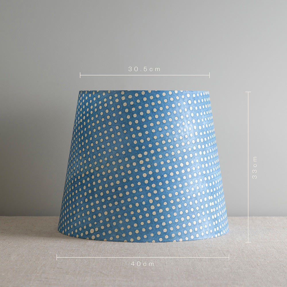 Measurements in 'cm' Unit of Humbug Straight Empire Batik Paper Lamp Shade in Dotty Sky Blue, Height is 33cm, Top-Width is 33.5cm and Bottom Width is 40cm - Nicola Harding