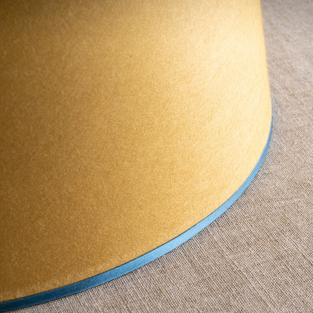 Humbug Straight Empire Paper Lamp Shade in Mustard with Blue Trim, Closeup - Nicola Harding