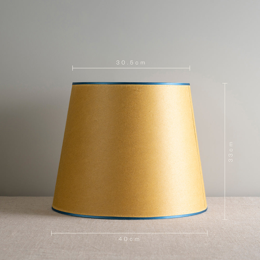Measurements in 'cm' of Humbug Straight Empire Paper Lamp Shade in Mustard with Blue Trim, Height is 33cm, Top-Width is 30.5cm and Bottom Width is 40cm - Nicola Harding