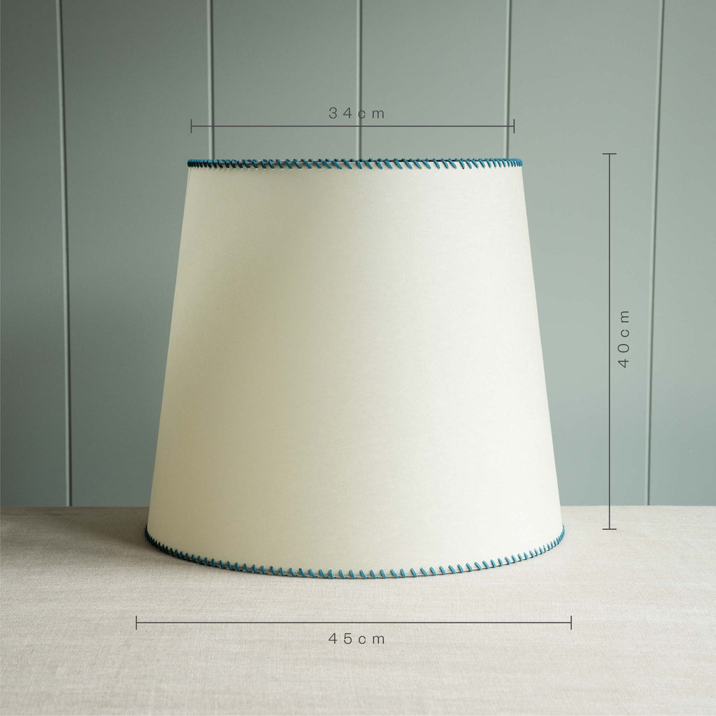 Measurements in 'cm' of Large Rise Empire Lamp Shade in Natural Parchment with Peacock Blue Stitching, Height is 40cm, Top-Width 34cm and Bottom Width is 45cm - By NiX