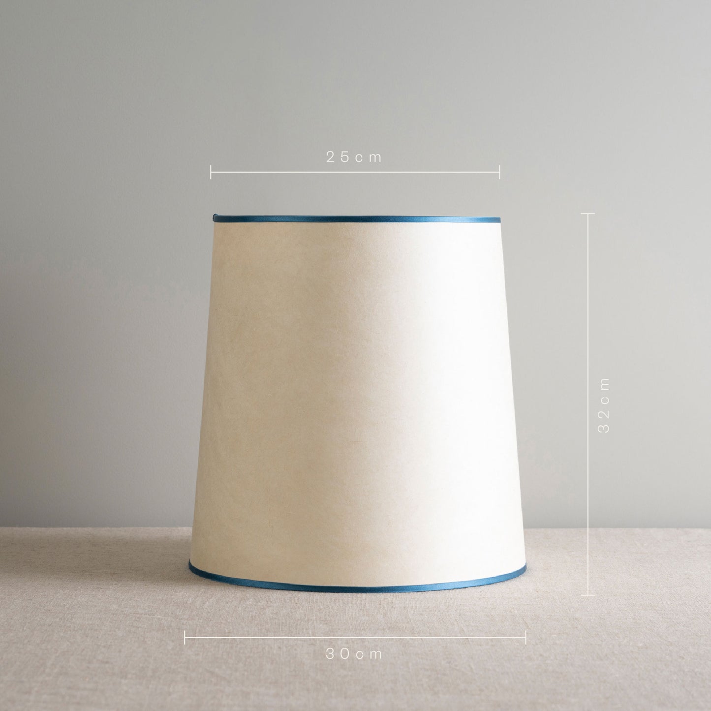 Dimensions of Rise Straight Empire Lampshade in Soft White with Peacock Blue Trim: Height 32cm, Top Width 25cm, Bottom Width 30cm – By NiX