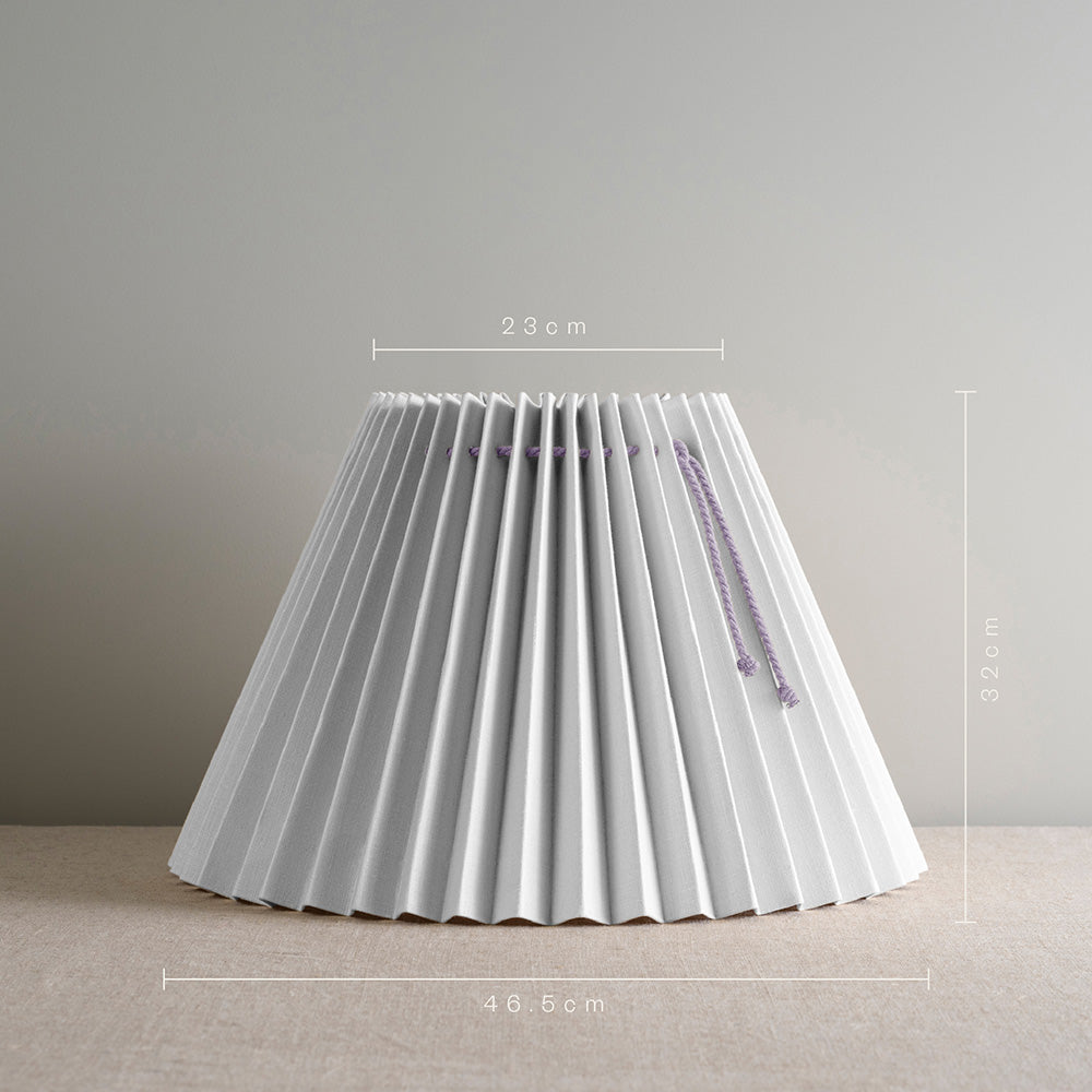 Measurements in 'cm' of Sunburst Concertina Natural Pleat Lamp Shade with Mauve Cord, Height is 32cm, Top-Width 23cm and Bottom Width is 46.5cm - By NiX
