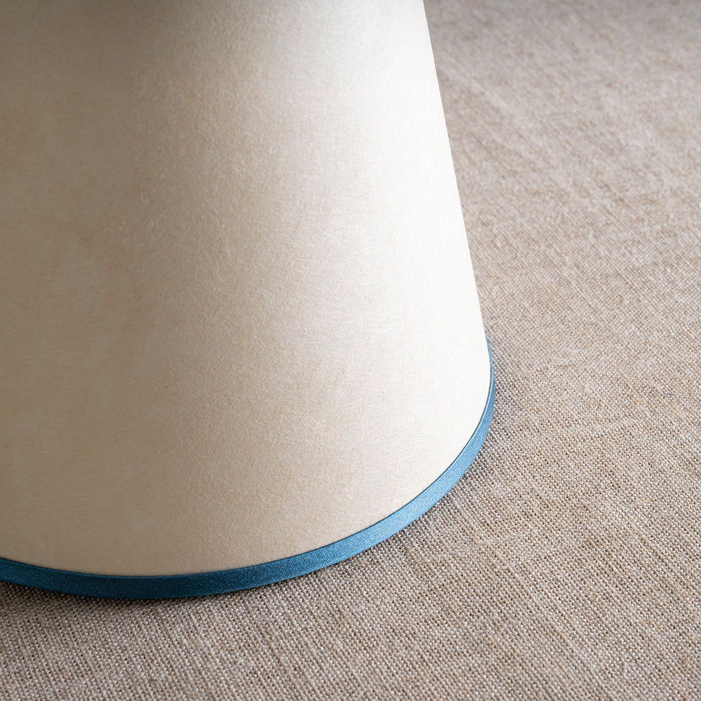 To The Point Paper Empire Lamp Shade in Soft White with Peacock Blue Trim, Closeup - By NiX