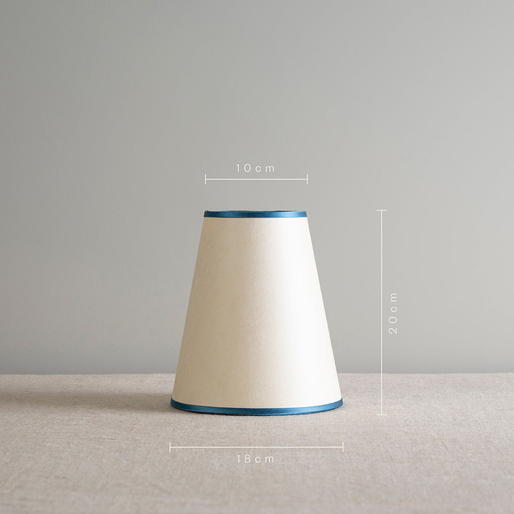 Dimensions in 'cm' of To The Point Paper Empire Lamp Shade in Soft White with Peacock Blue Trim, Height is 20cm, Top Width is 10cm and Bottom Width is 18cm - By NiX