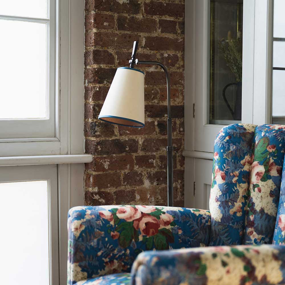 To The Point Paper Empire Lamp Shade in Soft White with Peacock Blue Trim