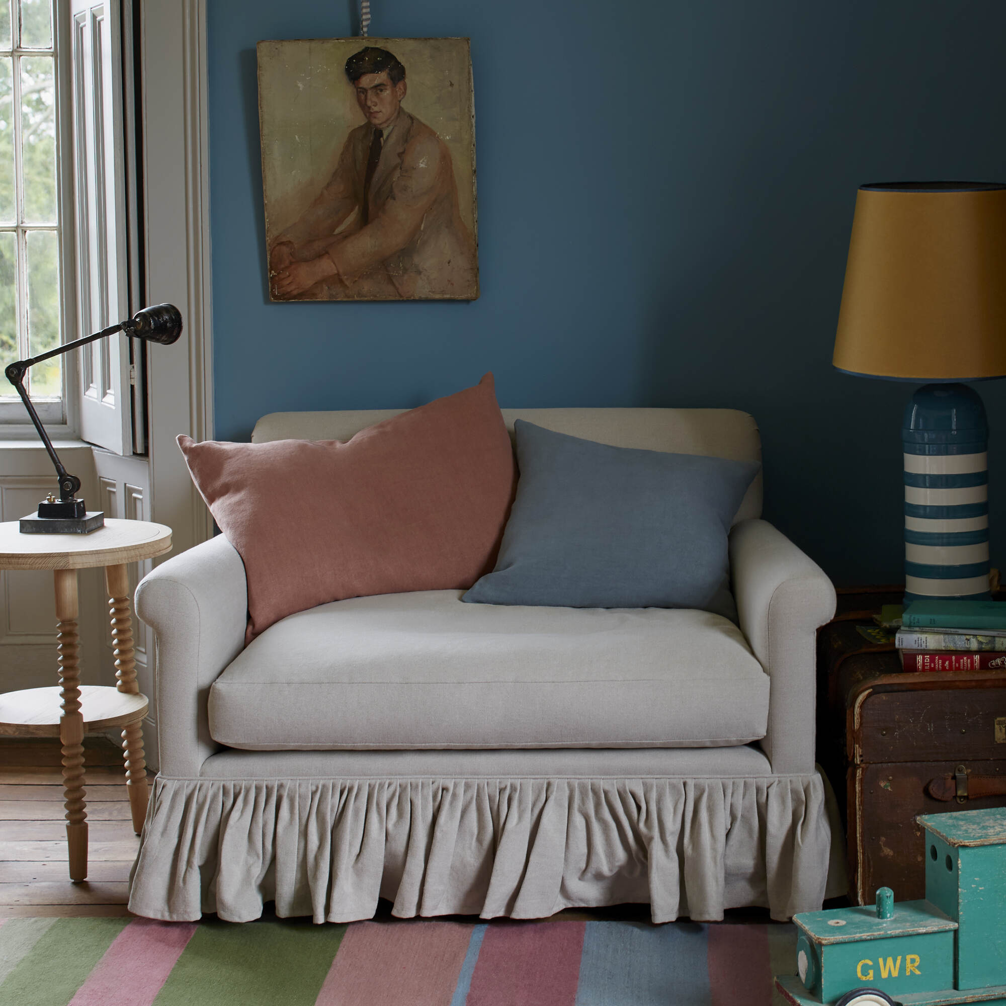 Curtain Call Love Seat in Ticking Cotton, Berry