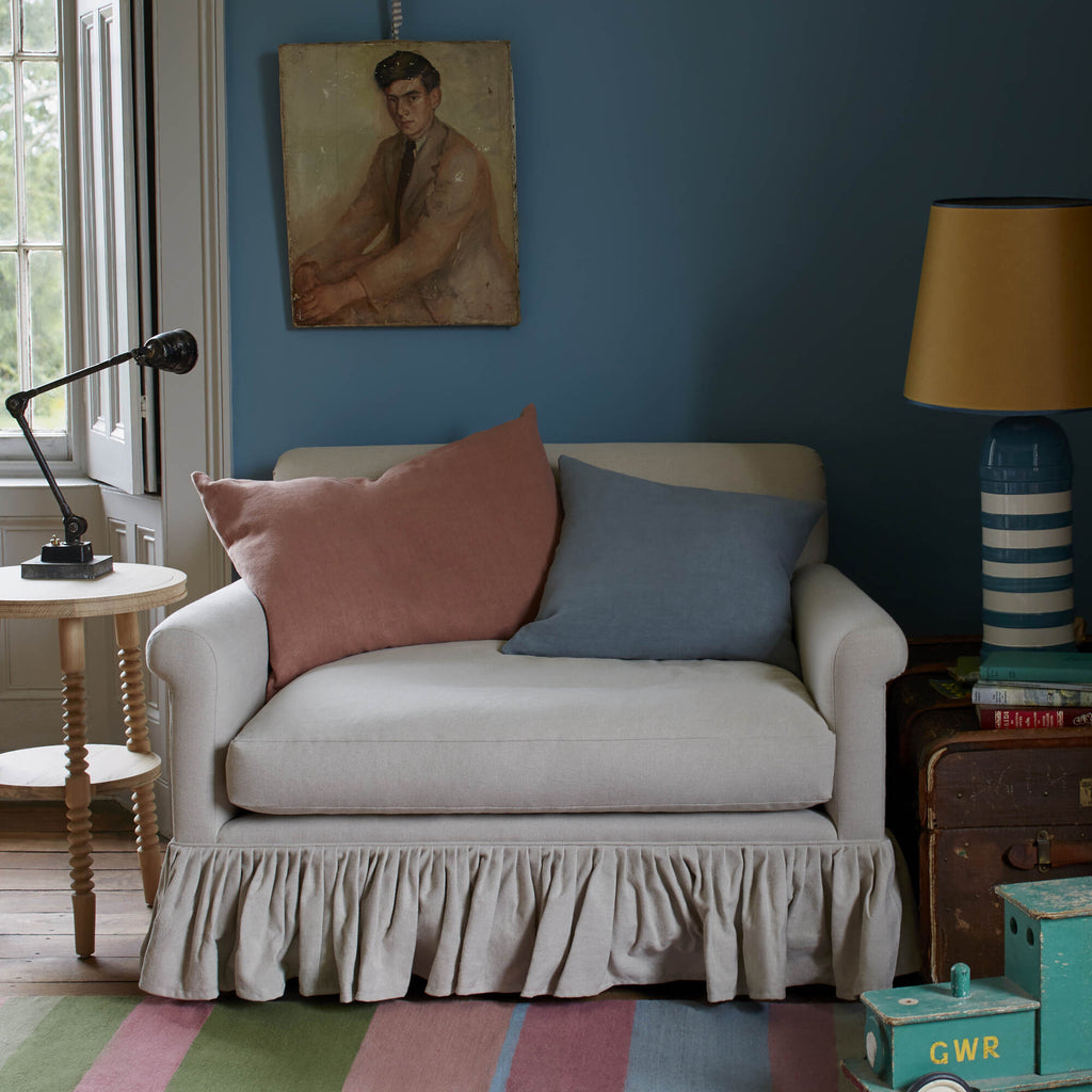Curtain Call Love Seat in Ticking Cotton, Berry