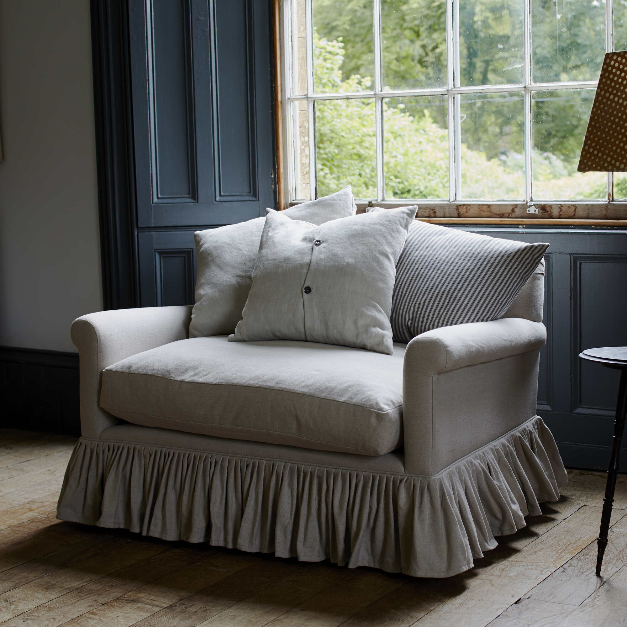 Curtain Call Love Seat in Ticking Cotton, Berry