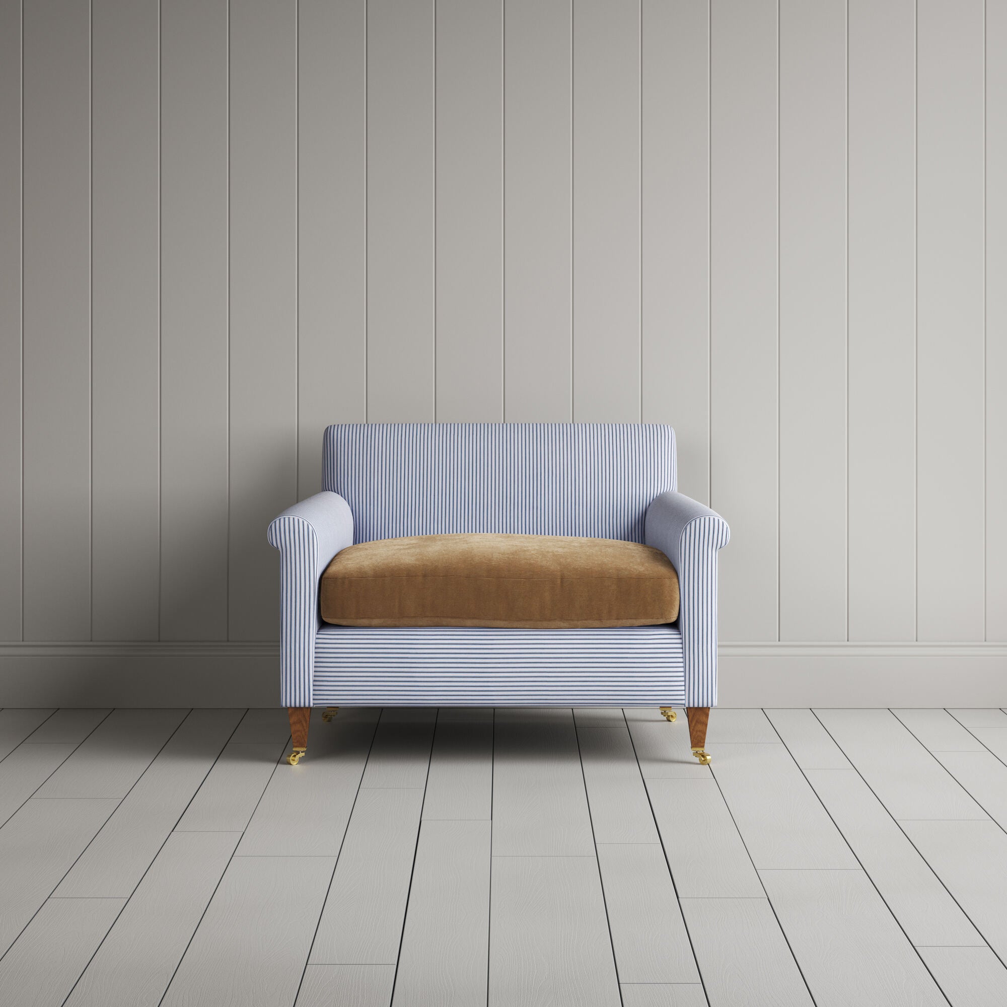Idler Love Seat in Ticking Aqua Brown Frame and Classic Corduroy Stone Beige Seat