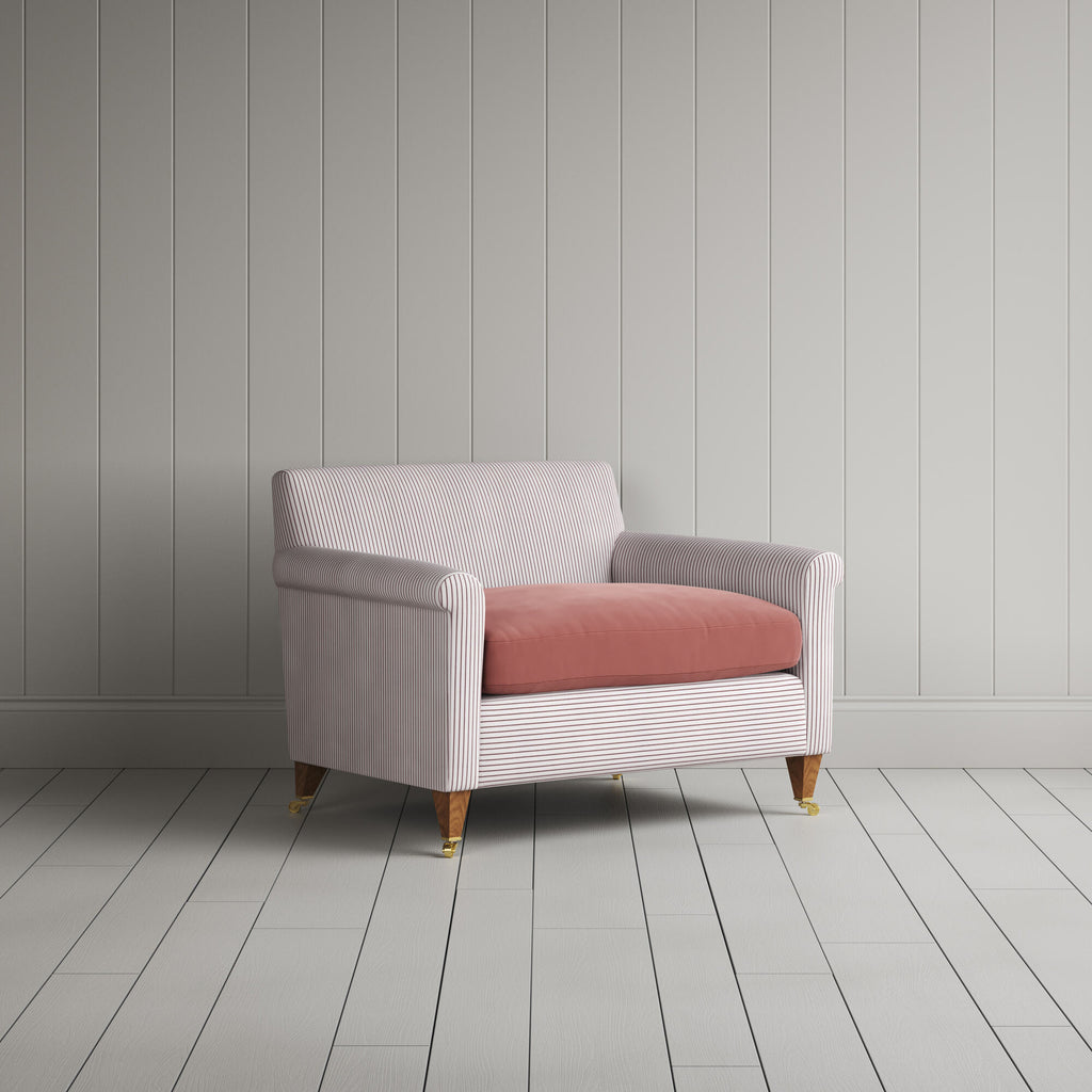Idler Love Seat in Ticking Berry Frame and Intelligent Velvet Damson Seat