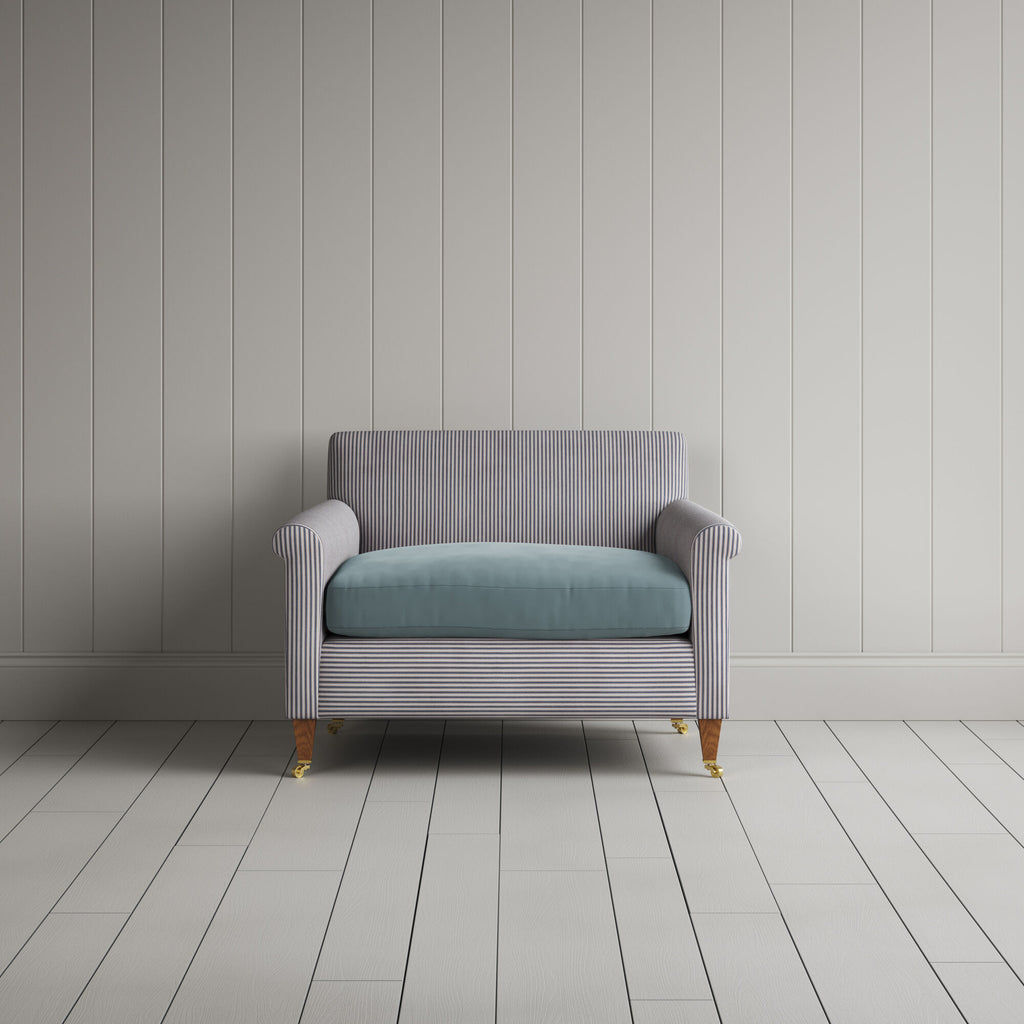 Idler Love Seat in Ticking Blue Brown Frame and Intelligent Velvet Mineral Seat