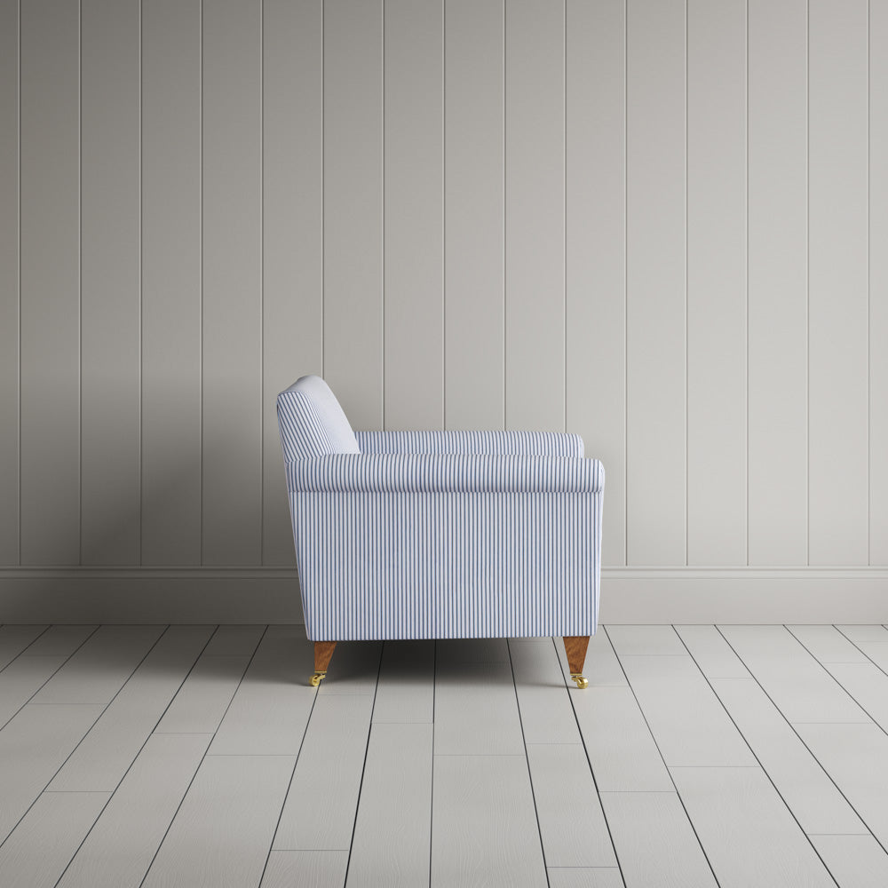 Idler Love Seat in Ticking Aqua Brown Frame and Classic Corduroy Stone Beige Seat
