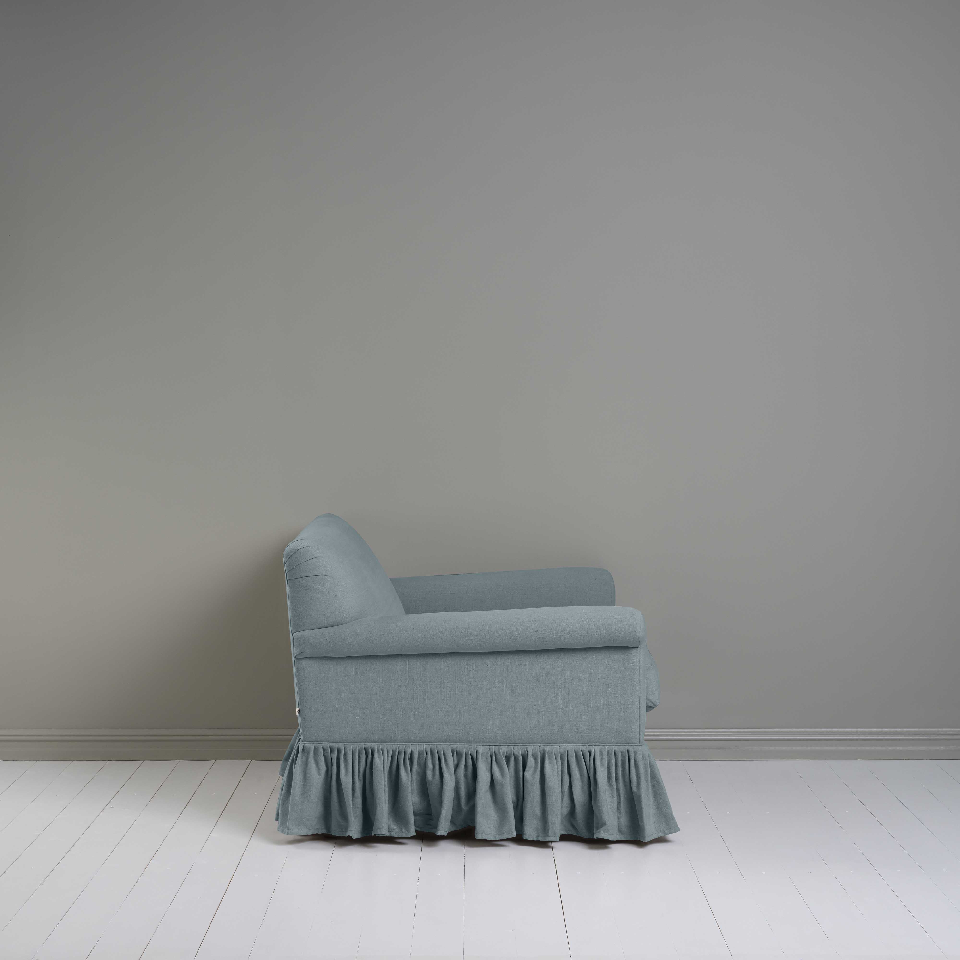 Side View of Curtain Call Love Seat in Laidback Linen Blue(Cerulean) - Nicola Harding & Co.