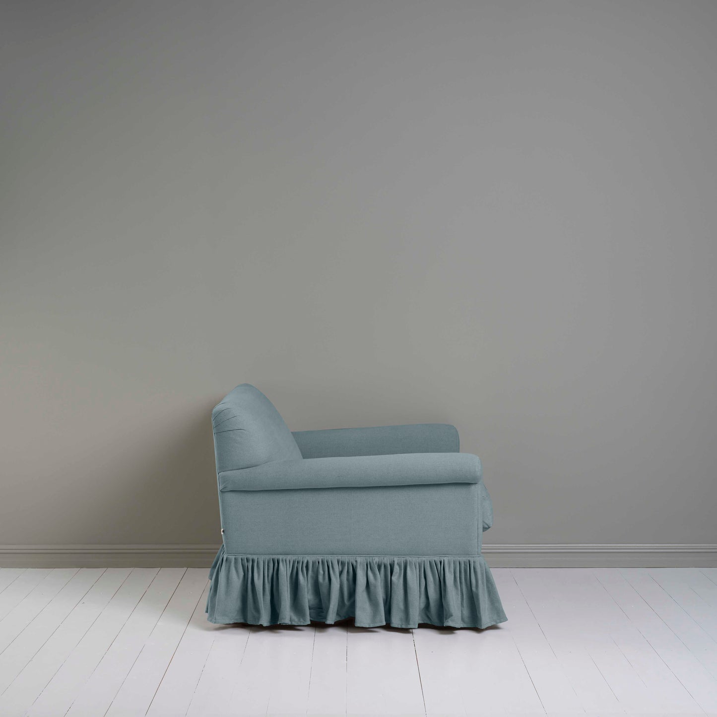 Side View of Curtain Call Love Seat in Laidback Linen Blue(Cerulean) - Nicola Harding & Co.