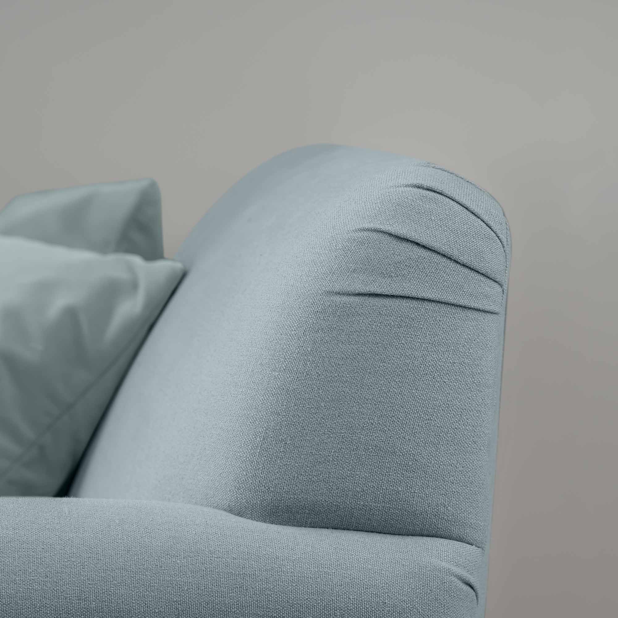 Design Closeup of Love Seat in Laidback Linen Cerulean - Nicola Harding & Co.
