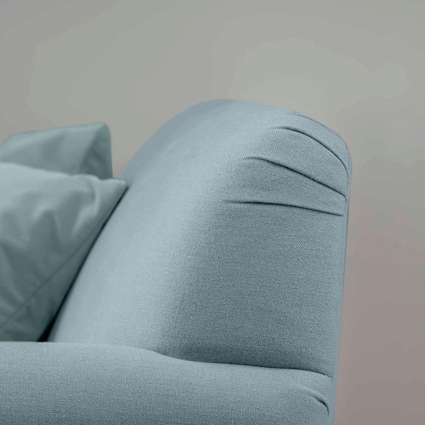 Design Closeup of Love Seat in Laidback Linen Cerulean - Nicola Harding & Co.
