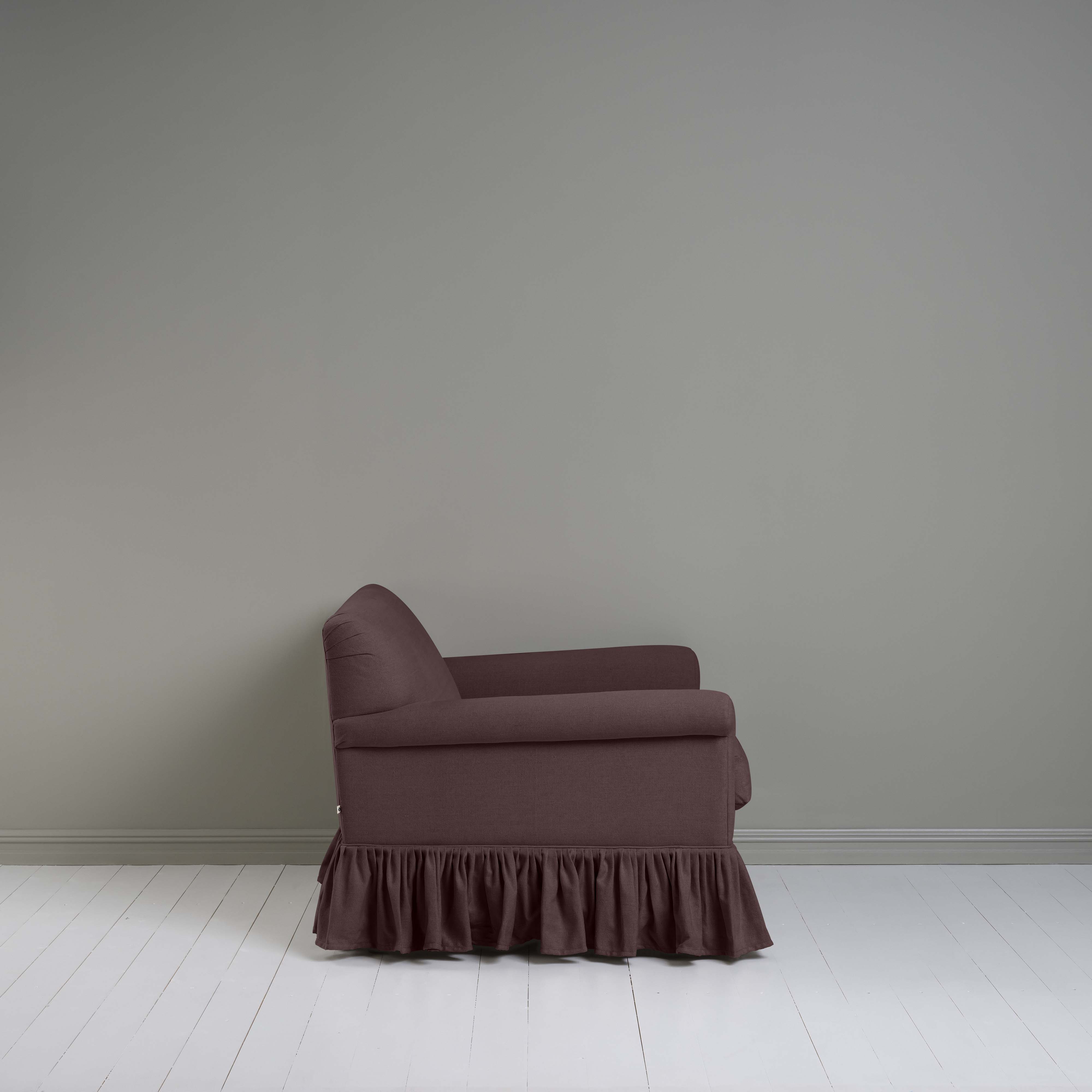 Side View of Curtain Call Love Seat in Purple(Damson) - Nicola Harding