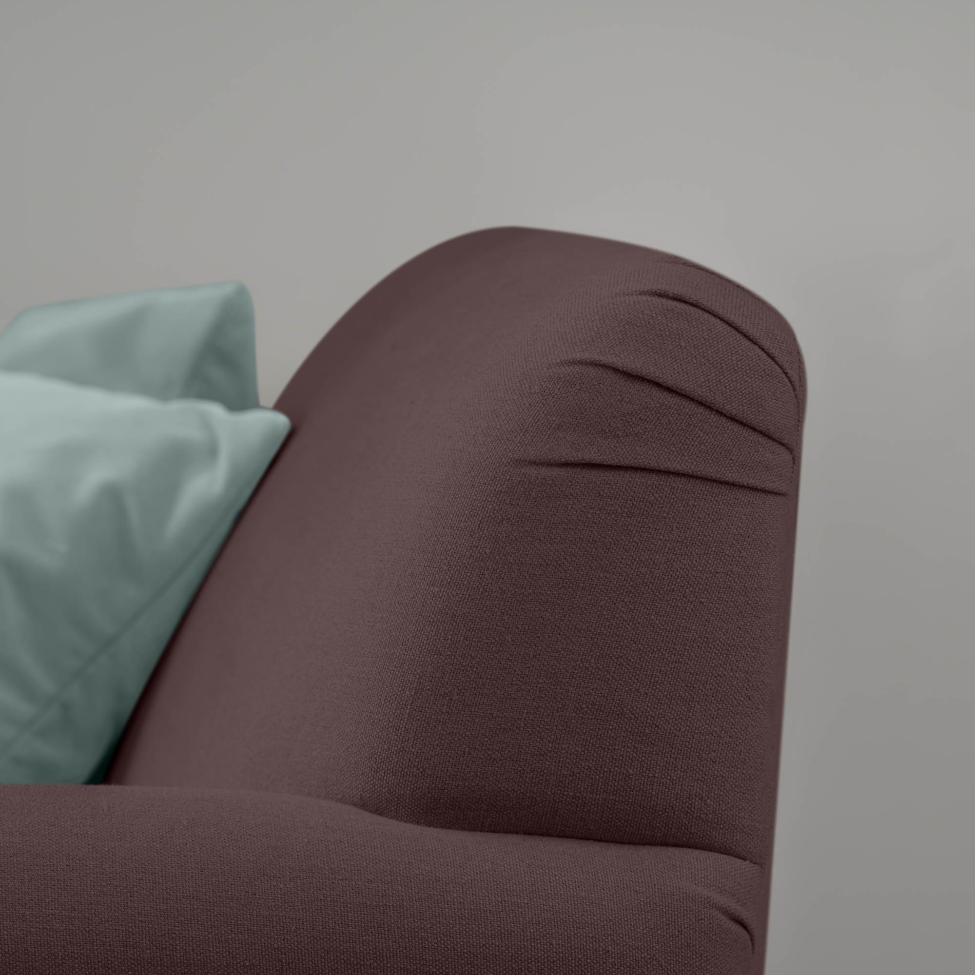 Design Closeup of Curtain Call Love Seat in Laidback Linen Damson - Nicola Harding & Co.