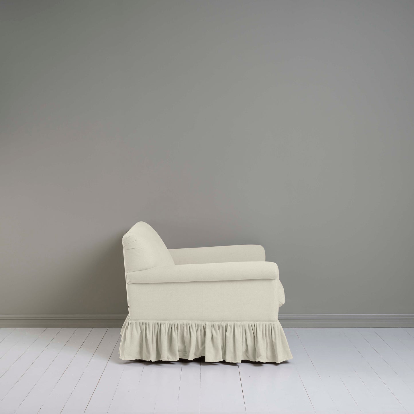 Side View of Curtain Call Love Seat in white(Dove) Color - Nicola Harding