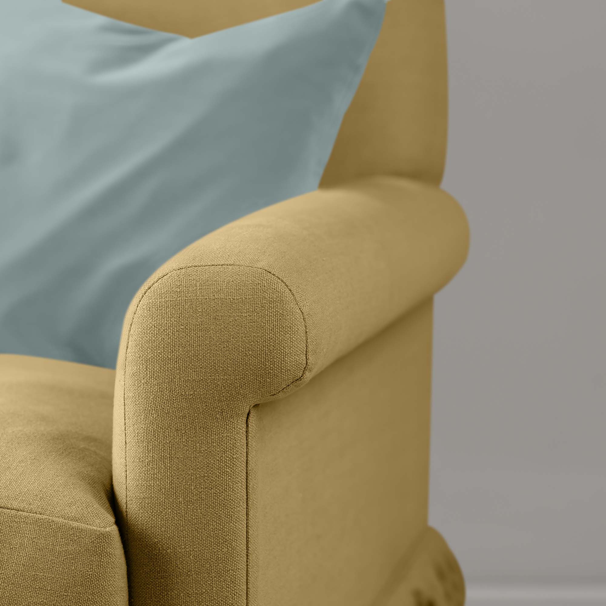 Arm Design Closeup of Curtain Call Love Seat in Yellow(Ochre) - By Nicola Harding & Co.