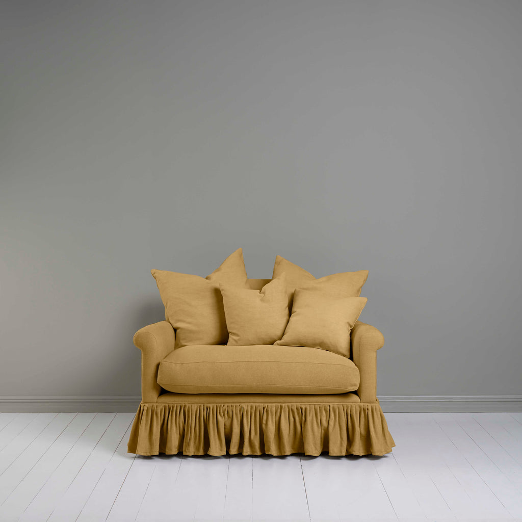 Front View of Curtain Call Love Seat in Yellow(Ochre). With Multiple Cushions - By NiX